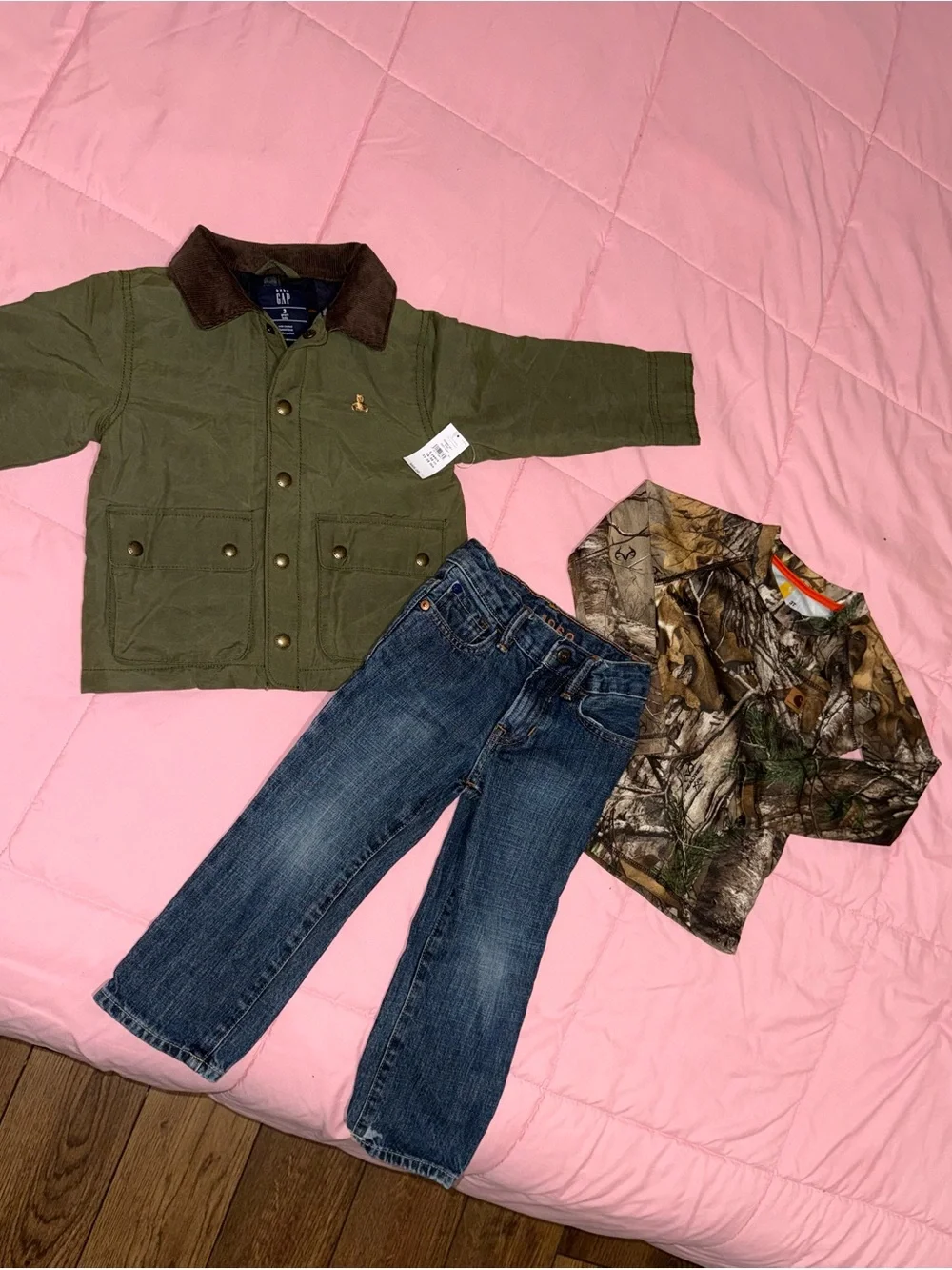 3T GAP Kids Olive Green Canvas Pea Coat with Brown Collar, Carhartt Shirt.